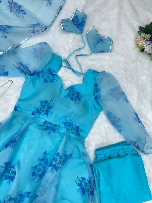 Digital printed organza silk Anarkali suit with huge flair - Cerulean, 36