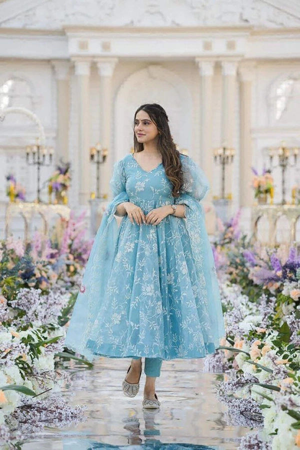 Sky Blue Organza Silk Thread Work Gown - Picton Blue, L(40)