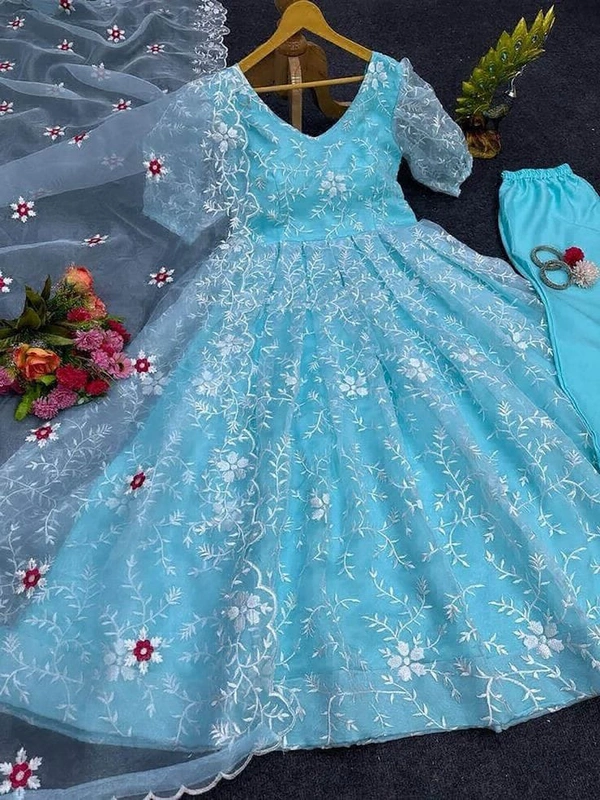 Sky Blue Organza Silk Thread Work Gown - Picton Blue, L(40)