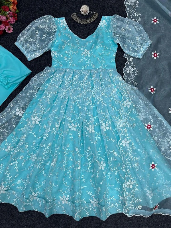 Sky Blue Organza Silk Thread Work Gown - Picton Blue, L(40)