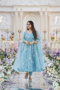 Sky Blue Organza Silk Thread Work Gown - Picton Blue, XL(42)