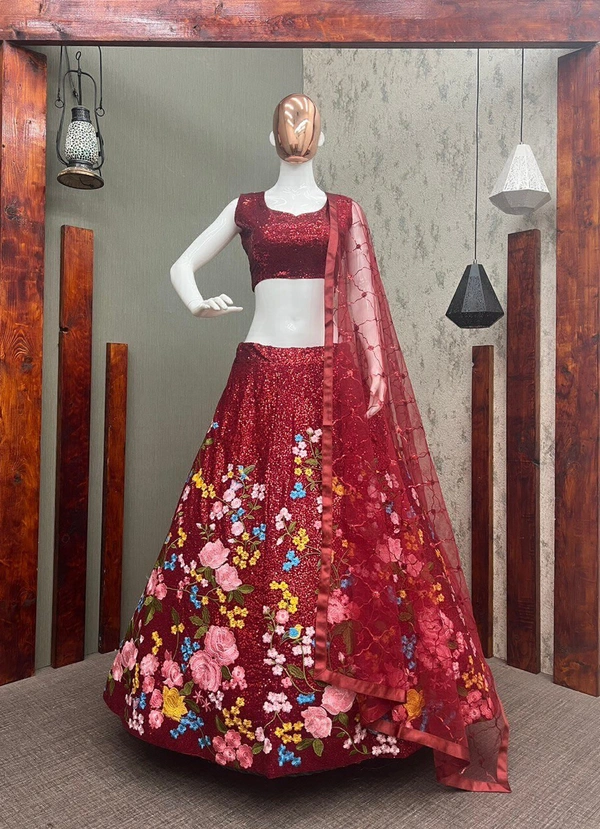 BEUTIQUE STYLES PERFECT MAROON BRIDAL GEORGETTE SEQUANCE WORK LEHENGA CHOLI WITH DUPATTA  - Guardsman Red