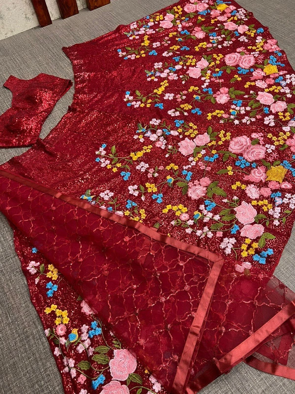 BEUTIQUE STYLES PERFECT MAROON BRIDAL GEORGETTE SEQUANCE WORK LEHENGA CHOLI WITH DUPATTA  - Guardsman Red