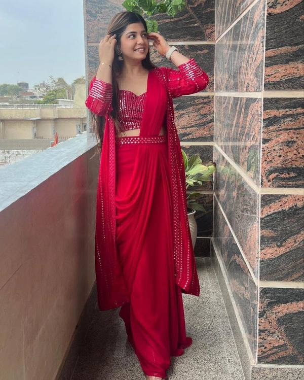 Trending Party Wear Shrug Saree For Women  - Red