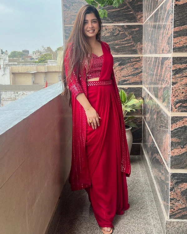 Trending Party Wear Shrug Saree For Women  - Red