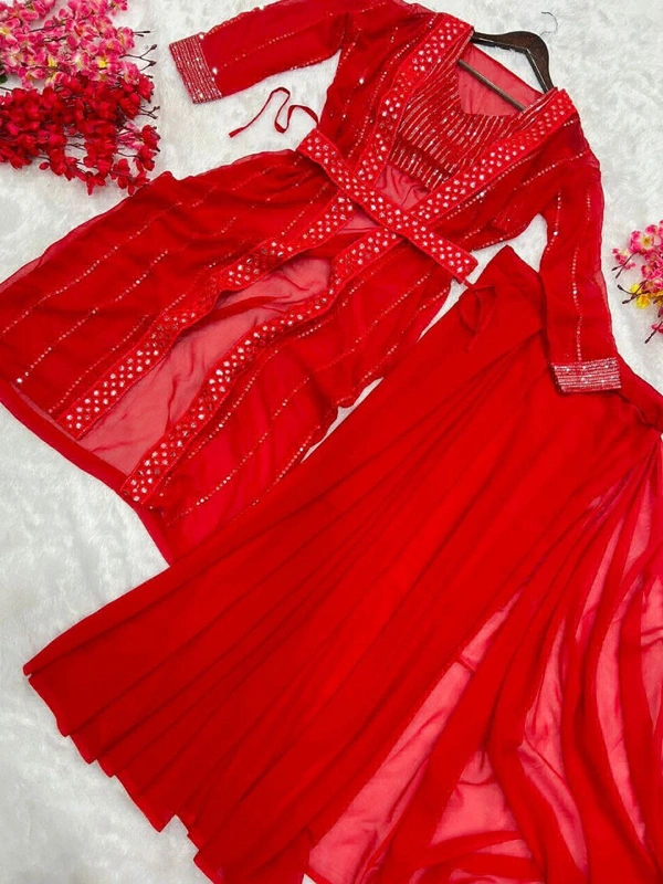 Trending Party Wear Shrug Saree For Women  - Red