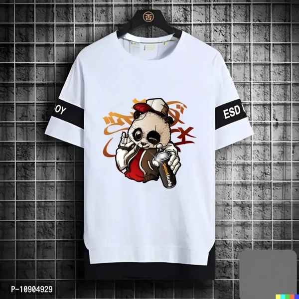 Panda T Shirt For Boys With Black Strap In Sleves - White, M