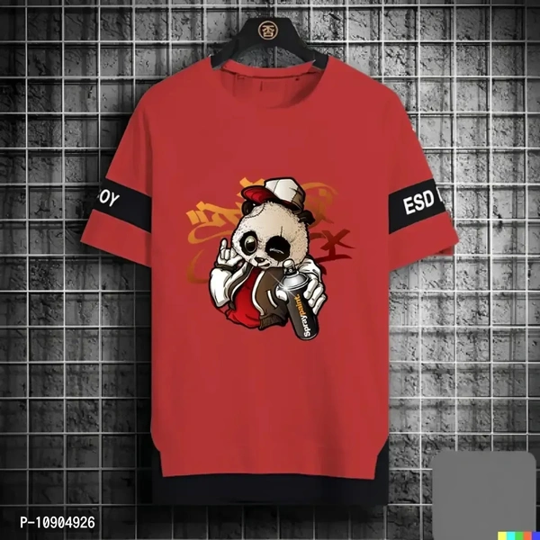 Panda T Shirt For Boys With Black Strap In Sleves - Red Orange, L