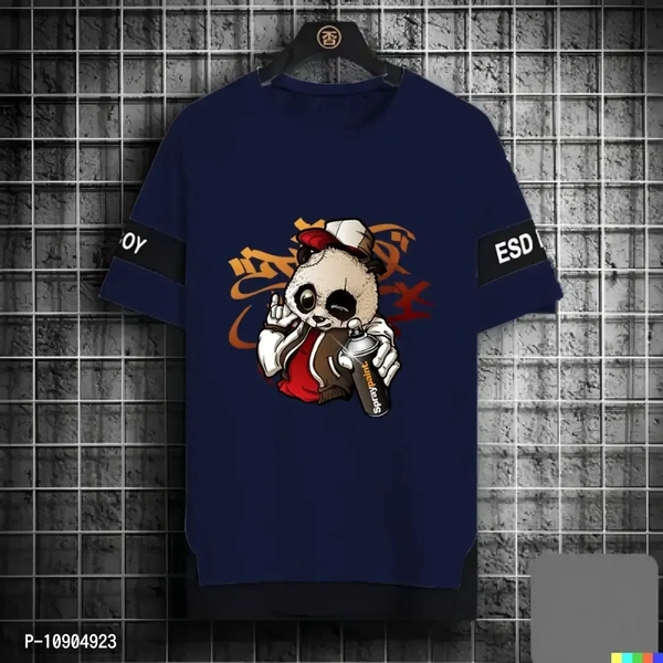 Panda T Shirt For Boys With Black Strap In Sleves - Persian Indigo, L
