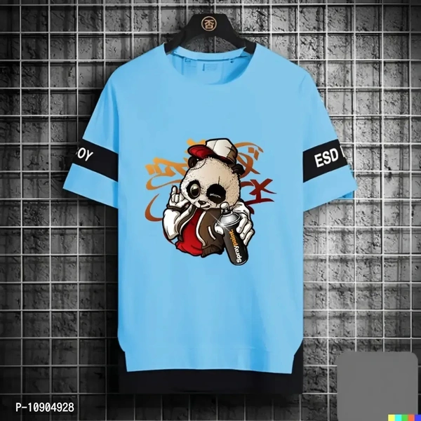 Panda T Shirt For Boys With Black Strap In Sleves - Curious Blue, Xl