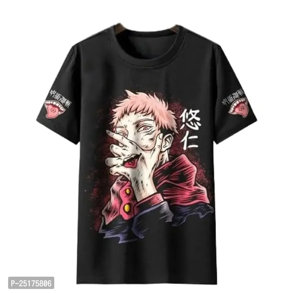 Anime T Shirt Front Side Printed Black Poly cotton  - Black, L