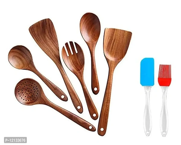 Combo Set of 6 (Japnese) Style Wooden Cooking Spoon  1 Set of Silicon Spatula  Oil Brush  Set with Spatulas for Non-Stick Kitchen Utensil Cooking Set  Natural Wood for Cooking Type:  Cooking Spoons