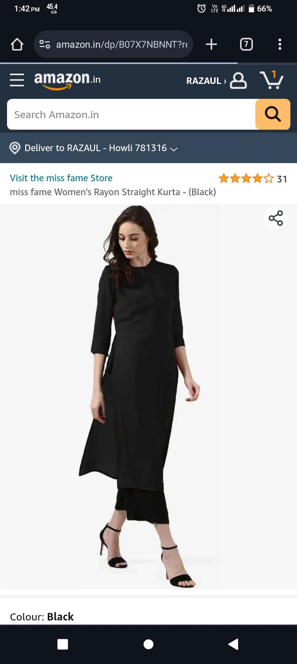 Black Cotton Kurti For Women  - M