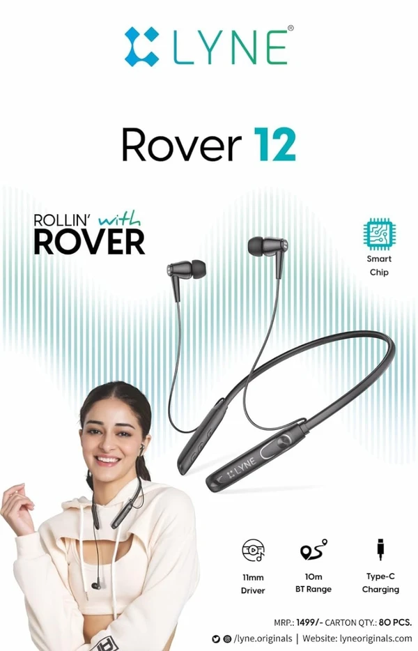Lyne Rover 12 - Advanced Bluetooth Wireless Earphones with 28H Talk Time, 24H Music, Type-C Charging, 130mAh Battery, 11mm Speakers, and Dual Mic - Premium Wireless Audio Experience! - Black, 6 Month