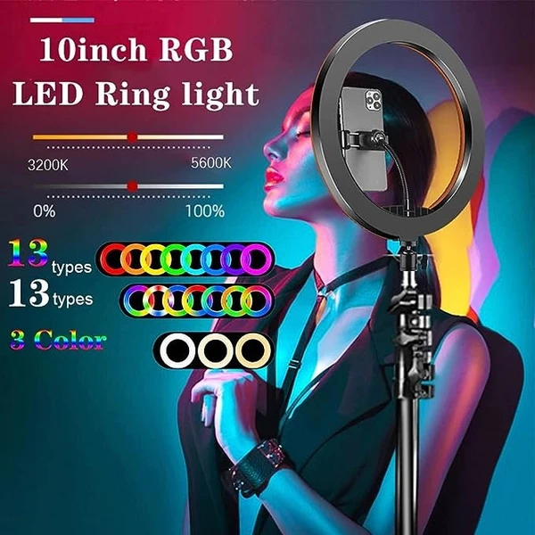 10 inch RGB LED Ring Light with 16 Colour Modes Adjustable Dimmable Lighting - RGB