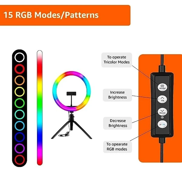 12 inch RGB LED Ring Light with 16 Colour Modes Adjustable Dimmable Lighting - RGB