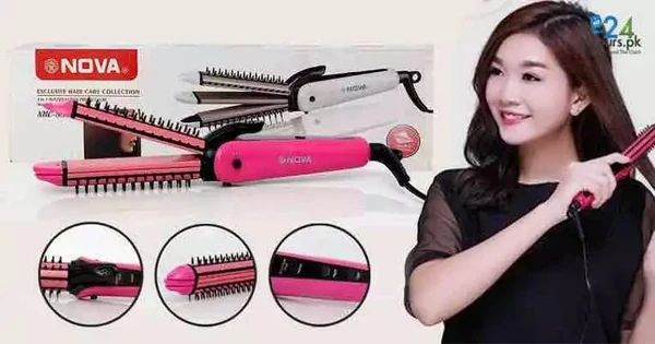 Nova Hair Straightener, Hair Curler & Hair Crimper NHC8890 3 IN 1 Professional Hair Straightener Crimper Roller For Women H01 - Pink