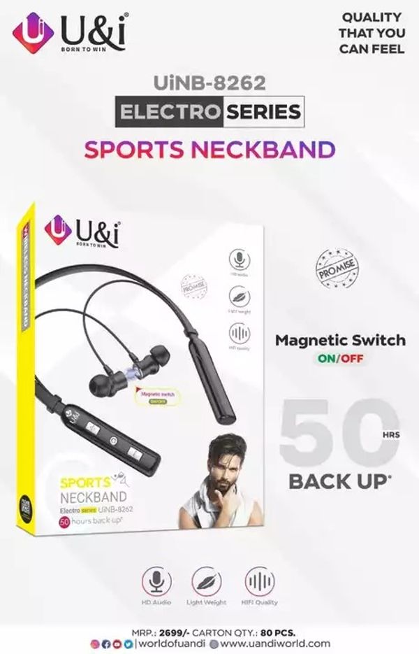 U&I ELECTRO SERIES | UiNB-8262 Bluetooth Neckband With Magnetic On/Off Function - Black, 6 Month
