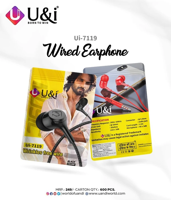 U&I UI-7119 Wired In the Ear earphones with mic - Black