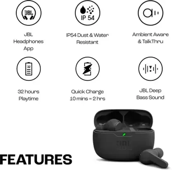 JBL Wave Beam TWS, 32Hr Playtime, IP54, Smart Ambient & TalkThru Mode, JBL App Bluetooth Headset - Black, 1 Year