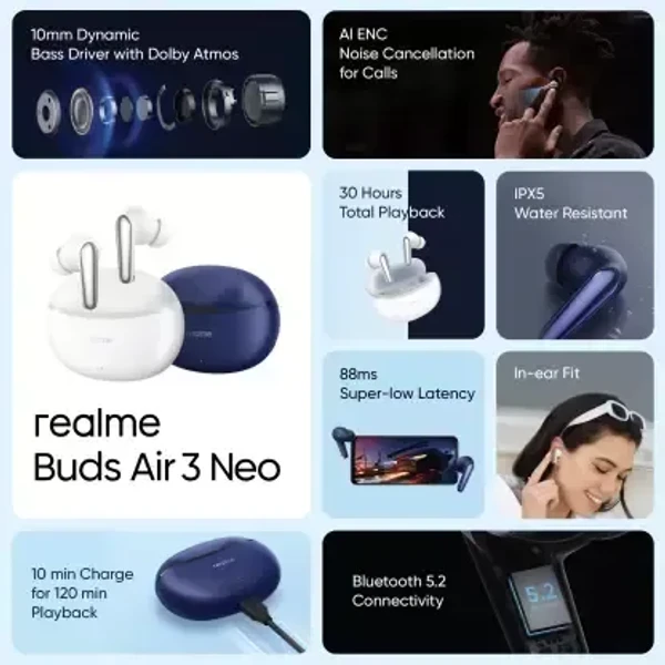 Realme Buds Air 3 Neo with up to 30 hours Playback & Fast Charge Bluetooth Headset - Assorted, 6 Month