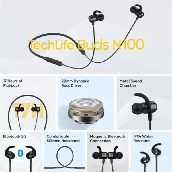 realme TechLife Buds N100 Wireless Bluetooth in Ear Neckband - Gray, 1 Year