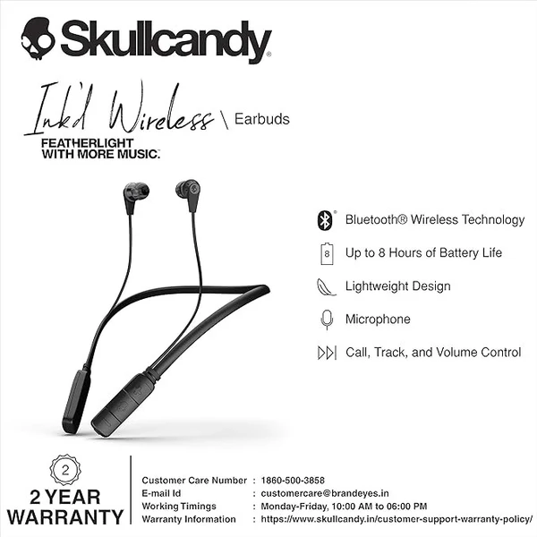 Skullcandy Ink’d SCS2IKW-J509 Bluetooth Wireless In-Ear Earbuds with Mic - Gray, 2 Year