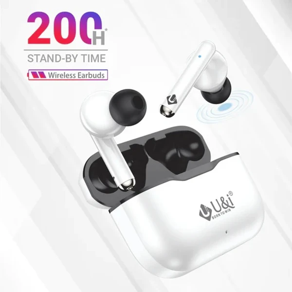U&i Jump Series 20 Hours Battery Backup True Wireless Earbuds with Noise Reduction - White, 6 Month