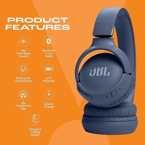 JBL Tune 520BT Wireless On Ear Headphones with Mic, Pure Bass Sound, Upto 57 Hrs Playtime, Speedcharge, Customizable Bass with Headphones App, Lightweight, Bluetooth 5.3 - Blue