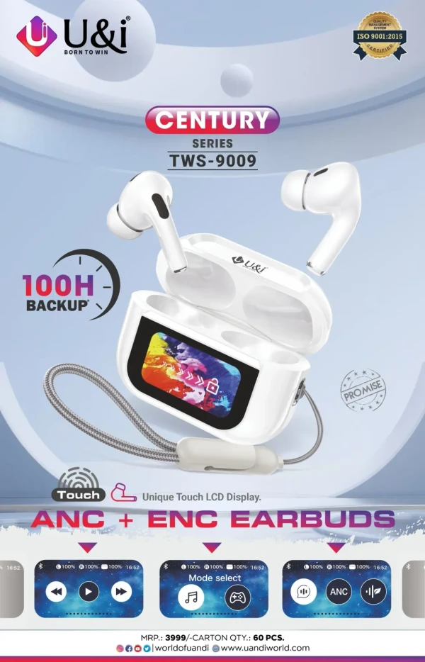 U&i TWS-9009 Century Series Earbuds | LCD Display - White