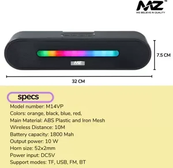 MZ M14VP (PORTABLE HOME TV SOUNDBAR) Dynamic Thunder Sound 1800mAh Battery 10 W Bluetooth Soundbar  (Multicolor, Stereo Channel)