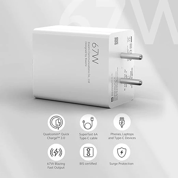 Mi/POCO 67W Original Sonic Charge Combo |Mi/Xiaomi/Redmi Charger|Superfast 6A Type C Included| Laptops, Tablets & Mobile Charger|(Adapter + USB to Type C Cable) - White