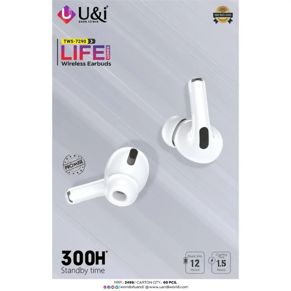 U&I TWS-7290 Life Series Wireless Earbuds - White, 6 Month