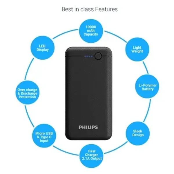 PHILIPS 10000 mAh 10.5 W Fast Charging Power Bank - Black