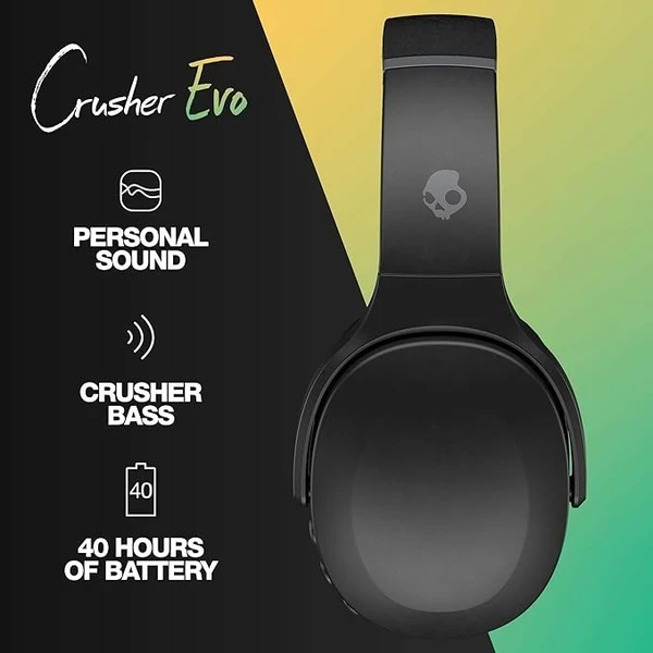 Skullcandy Crusher Evo Wireless Over-Ear Bluetooth Headphones with Microphone, for iPhone and Android, 40 Hour Battery Life, Extra Bass Tech - Bonus Line USB-C Cable - Black