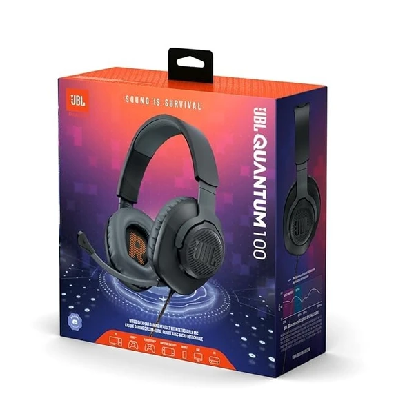 JBL Quantum 100 Wired Over Ear Gaming Headphones with Mic, 40mm Dynamic Drivers, Quantum Sound Signature, Detachable Mic, Memory Foam Cushioning, PC/Mobile/PS/Xbox/Nintendo/VR Compatible - Black