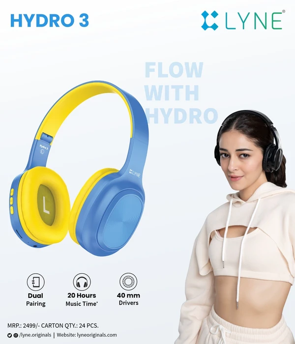 LYNE by U&i Hydro 3 20Hrs Battery Backup Wireless Headphone with 40mm Drivers, Dual Pairing Bluetooth & Wired Headset - Assorted