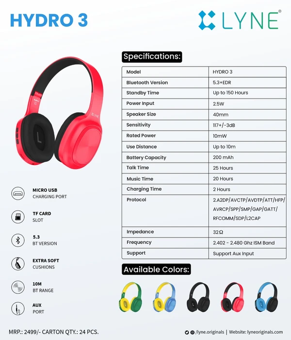 LYNE by U&i Hydro 3 20Hrs Battery Backup Wireless Headphone with 40mm Drivers, Dual Pairing Bluetooth & Wired Headset - Assorted