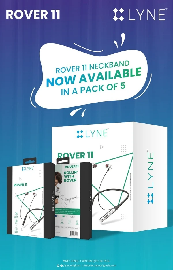 Lyne Rover 11 Neckband 40 Hours Playtime, Magnetic Buds, Dual Pairing, 10mm Drivers, 10m coverege - Assorted, 6 Month