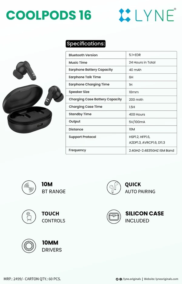 LYNE CoolPods 16 24 Hours Music Time True Wireless Earbuds with Touch Control and Quick Auto Pairing Feature (Black) - 6 Month