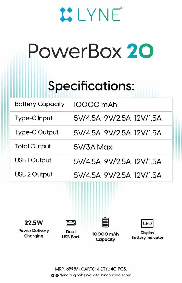 Lyne Powerbox 20 22.5w fast charging 10000mAh power bank - Black