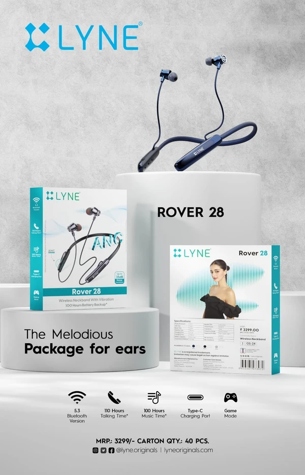 Lyne Rover 28: 110-Hour Playtime Bluetooth Neckband with ANC & Gaming Mode - Mix