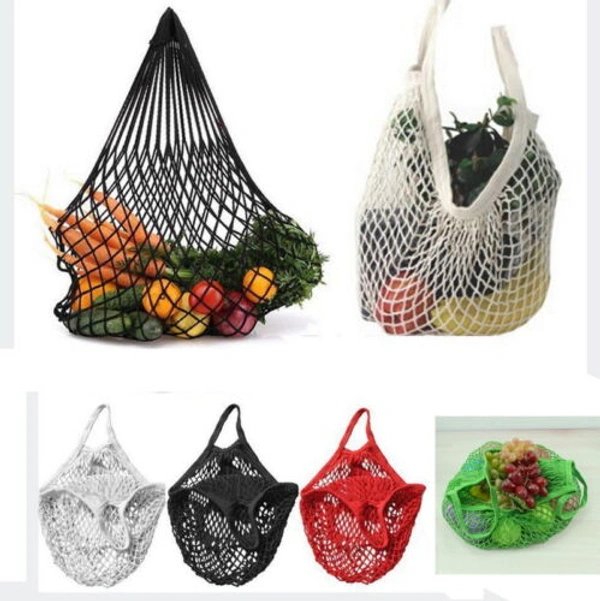 COTTON MESH GROCERY TOTE BAG - Beige with Color Handles, 14x14 Inches 