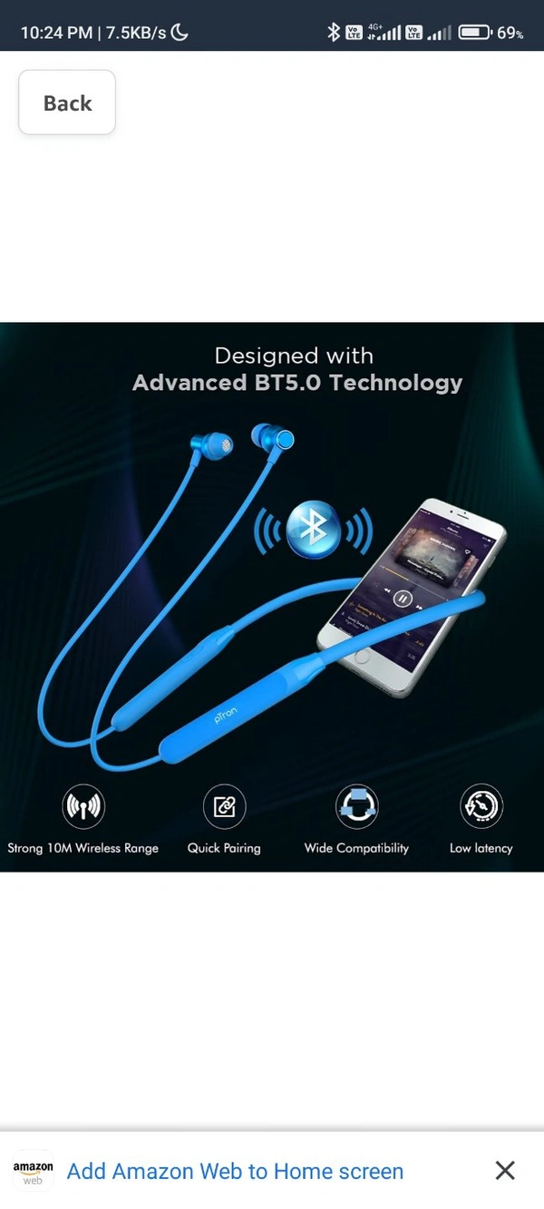 Ptron pTron Tangent Evo with 14Hrs Playback, Bluetooth 5.0 Wireless Headphones with Deep Bass, IPX4 Water Resistance, Ergonomic & Snug-fit, Voice Assistance, Magnetic Earbuds & Built-in HD Mic (Blue) - black