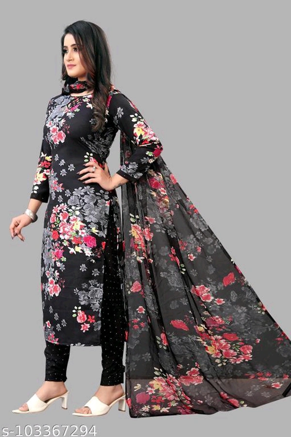 Women's Black Floral Printed Synthetic Crepe Suits & Dress Materials - Black, Un Stitched