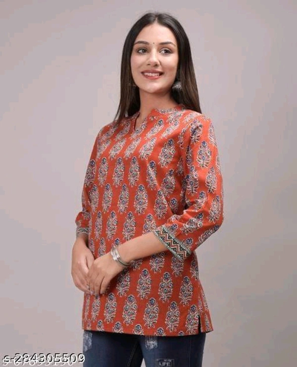 Woments Printed Cotton Short Kurti - Bittersweet, XXXL