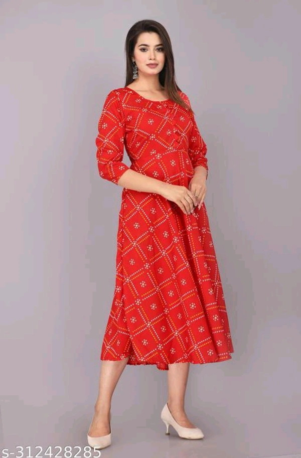 womens crepe printed long kurta, flared kurta - Guardsman Red, Xl