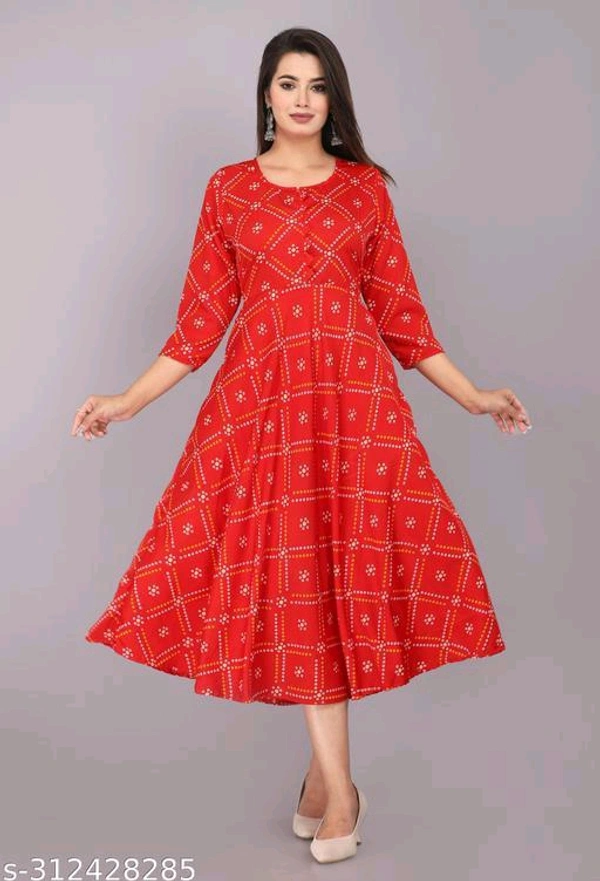 womens crepe printed long kurta, flared kurta - Guardsman Red, XXL