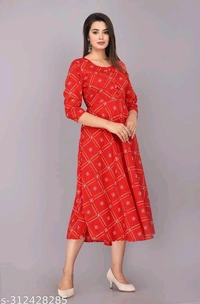 womens crepe printed long kurta, flared kurta - Guardsman Red, XXL