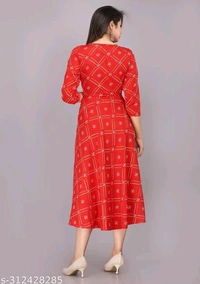 womens crepe printed long kurta, flared kurta - Guardsman Red, XXL